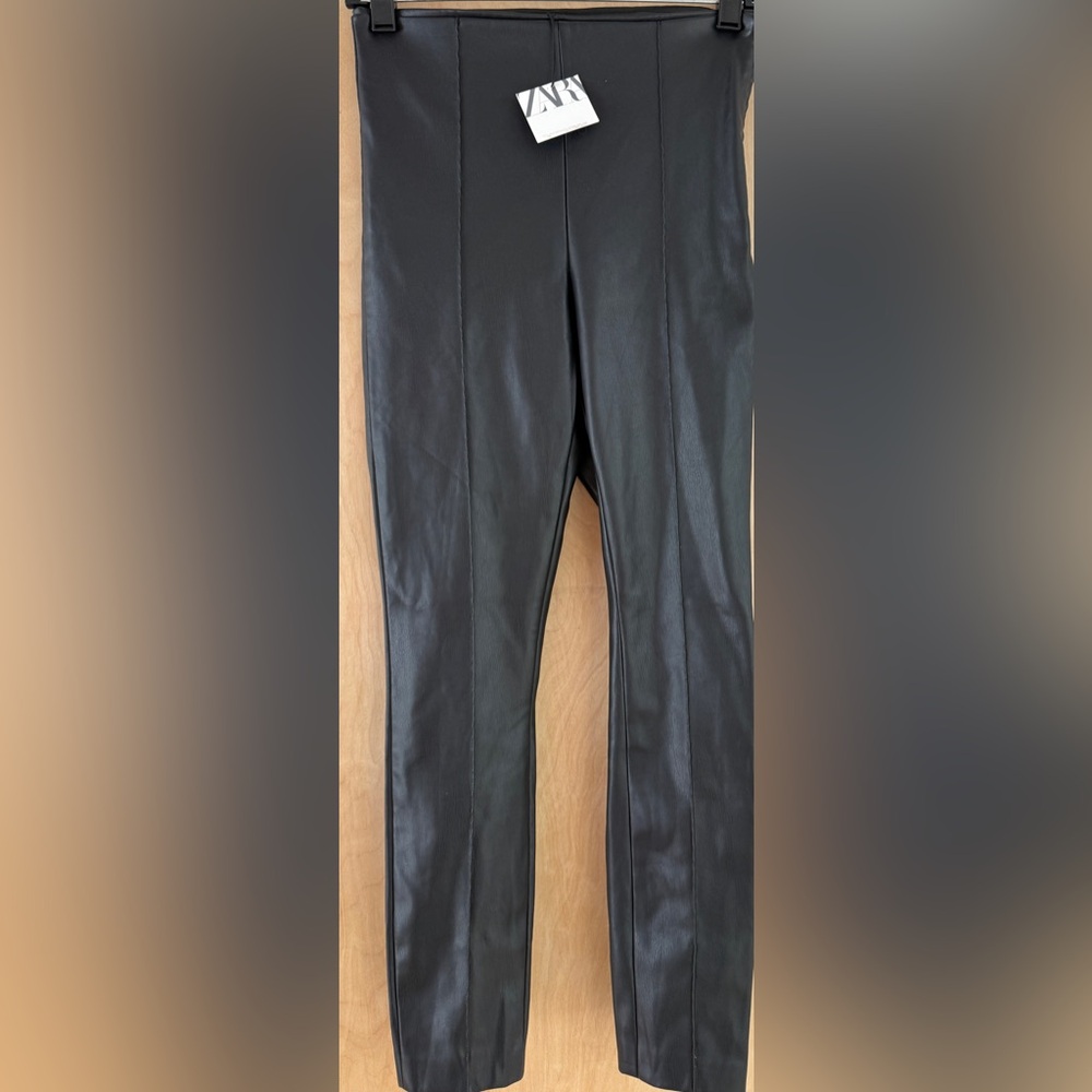 Zara Black Faux Leather High-Waist Leggings - Picture 4 of 12